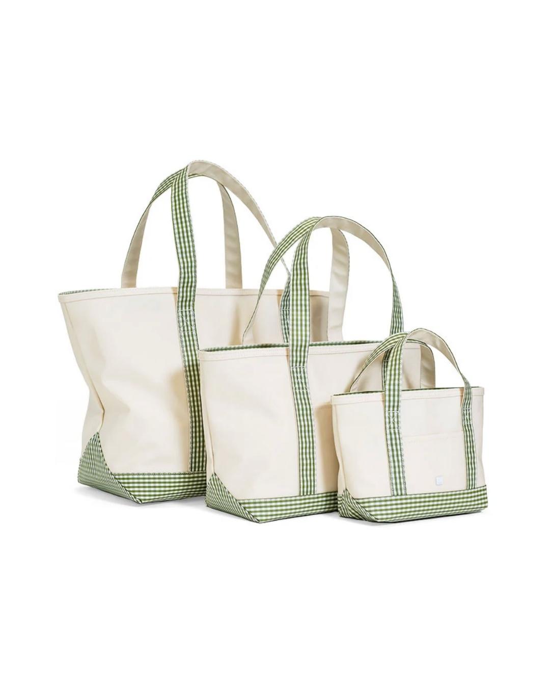 TRVL Medium Tote - Coated Canvas with Gingham Moss Trim