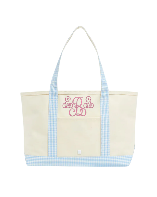 TRVL Medium Tote - Coated Canvas Natural with Gingham Mist Trim