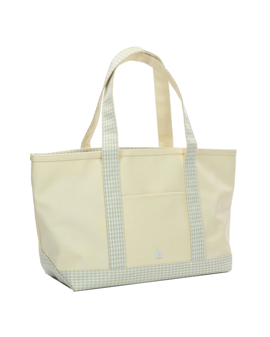 TRVL Medium Tote - Coated Canvas Natural with Gingham Pearl Grey Trim