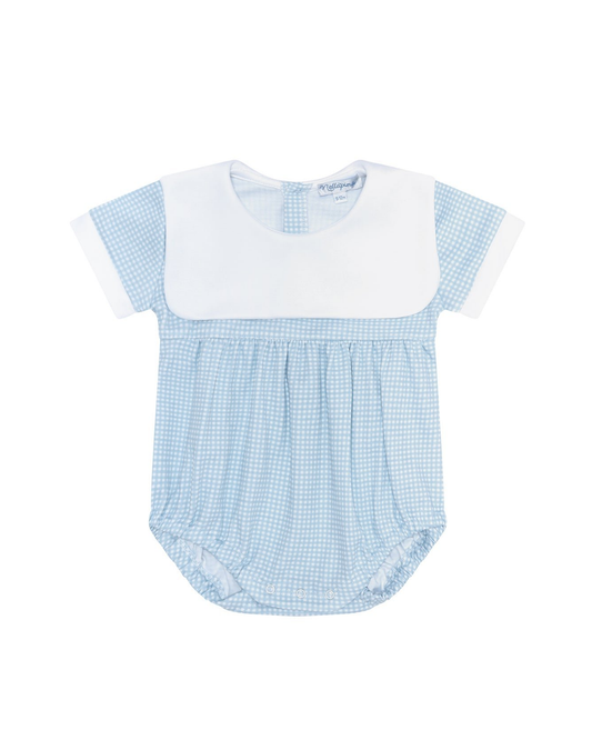 Nellapima blue gingham baby bubble with white collar in Pima cotton