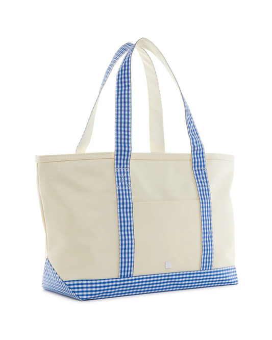 TRVL Medium Tote - Coated Canvas Natural with Gingham Royal Trim