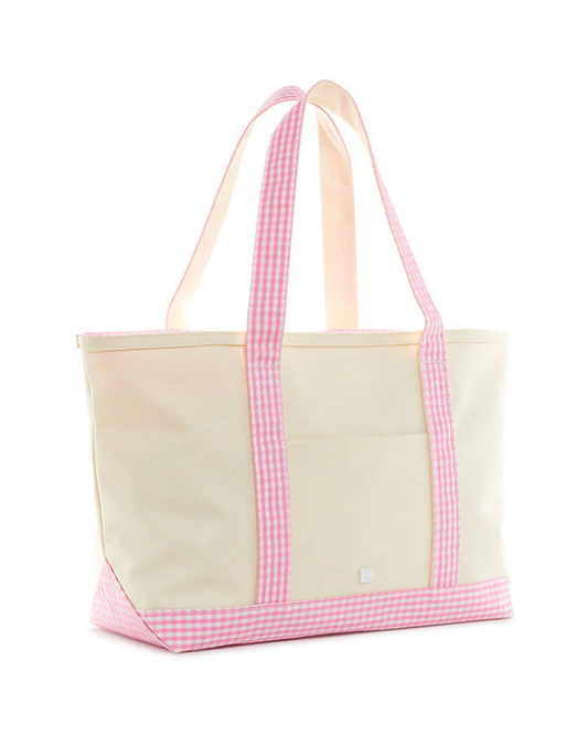 TRVL Medium Tote - Coated Canvas Natural with Gingham Pink Trim