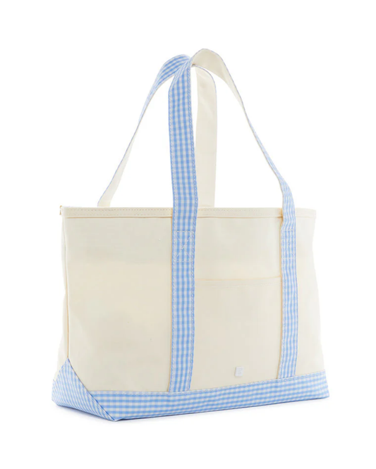 TRVL Medium Tote - Coated Canvas Natural with Gingham Sky Trim