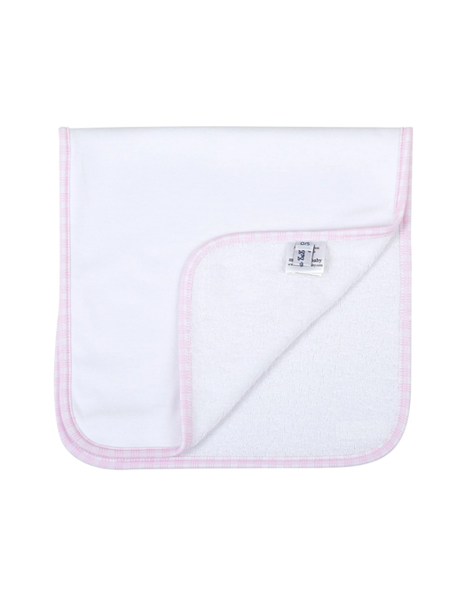 Magnolia Baby burp cloth featuring a soft white Pima Cotton design with pink minicheck trim.