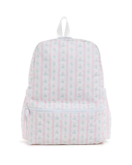 TRVL Backpack - Ribbon Floral Pink design, lightweight, water-resistant, roomy main compartment, adjustable padded straps.