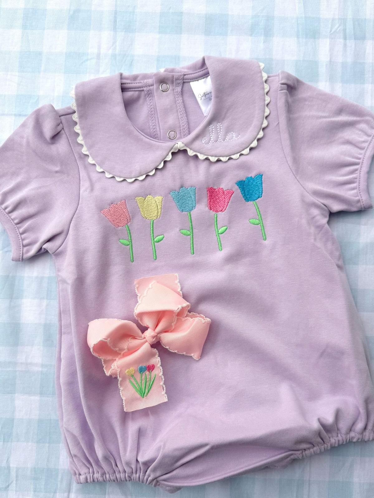 Monogrammed Scalloped Collar Bubble romper in soft cotton blend