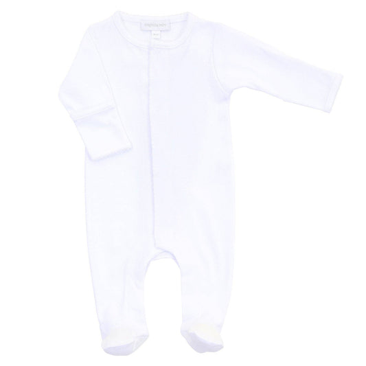 Soft Pima cotton white trim footie by Tiny Duckie, heirloom baby clothing made in Peru