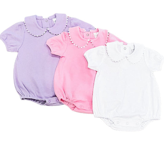 Scalloped Collar Bubble romper with scalloped trim and puff sleeves