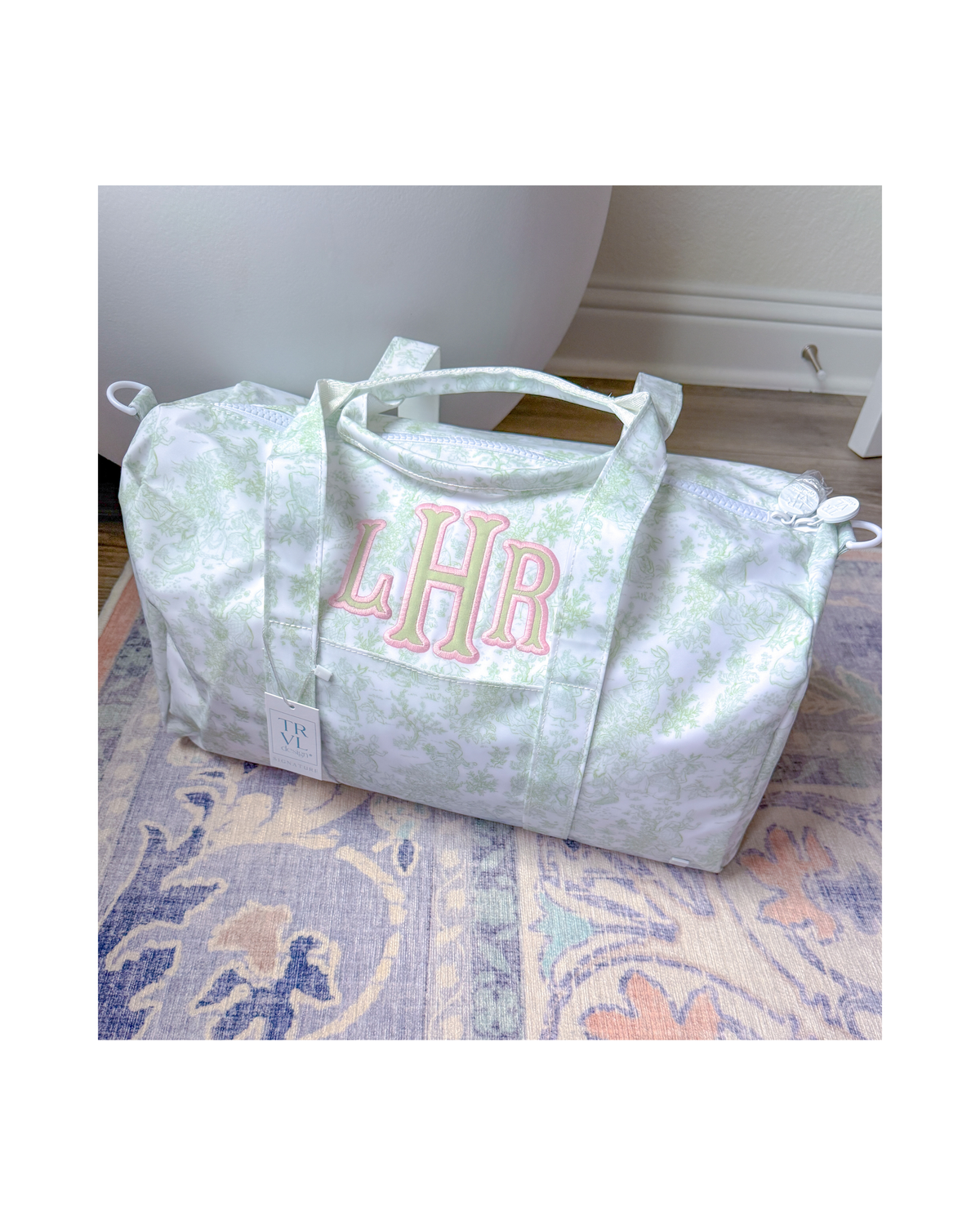 Personalized TRVL Weekender Duffel Bag in Bunny Toile Green