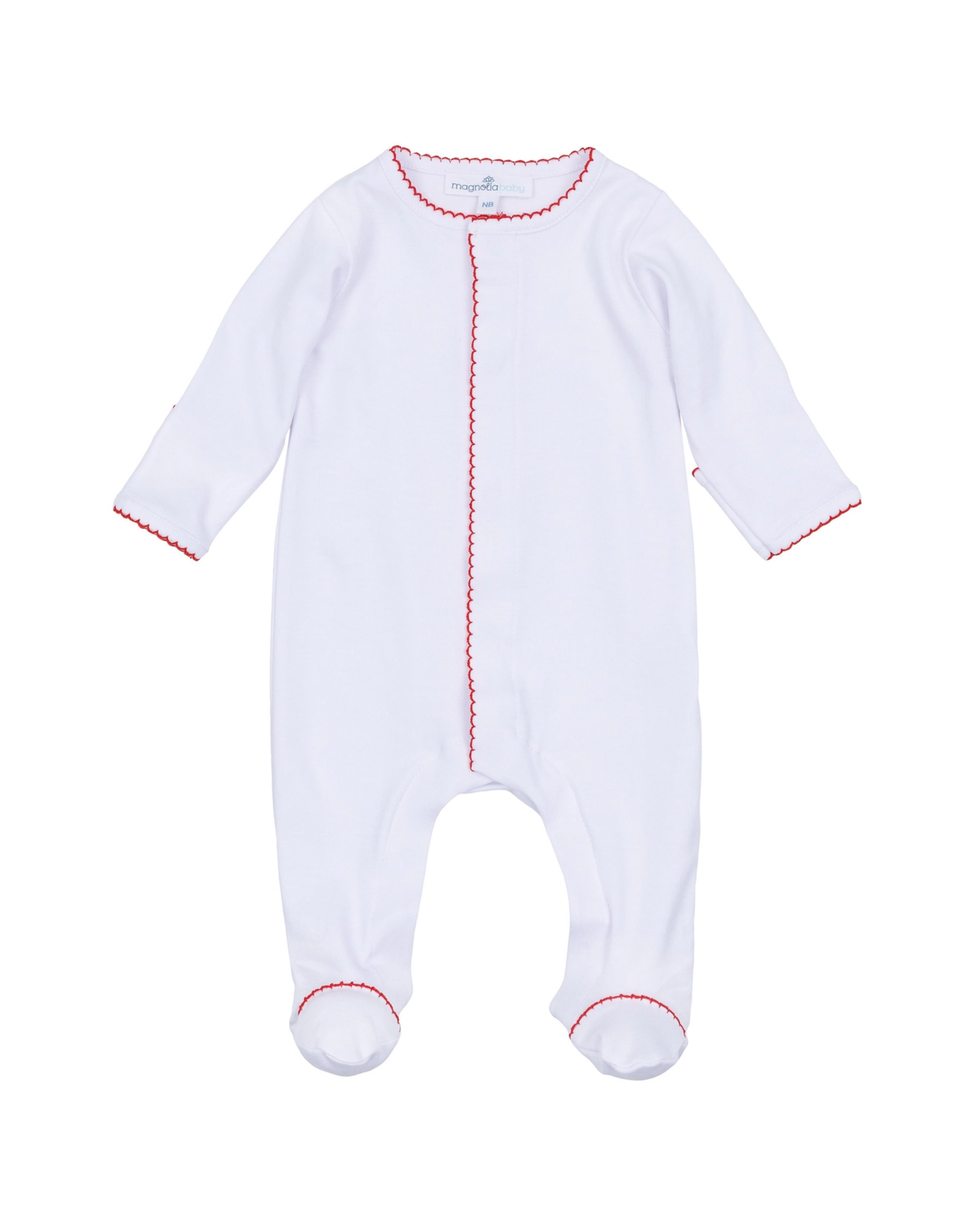 Magnolia Baby white footie with red trim