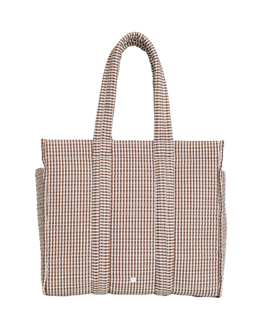 TRVL Quilted Go Go Tote in Gingham Coco, warm brown check quilted bag