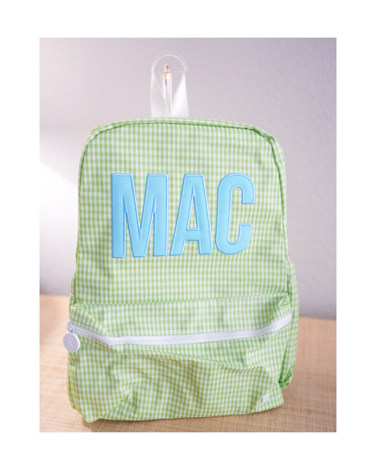 TRVL Backpacker kids backpack in Gingham Leaf, green gingham check with monogram embroidery