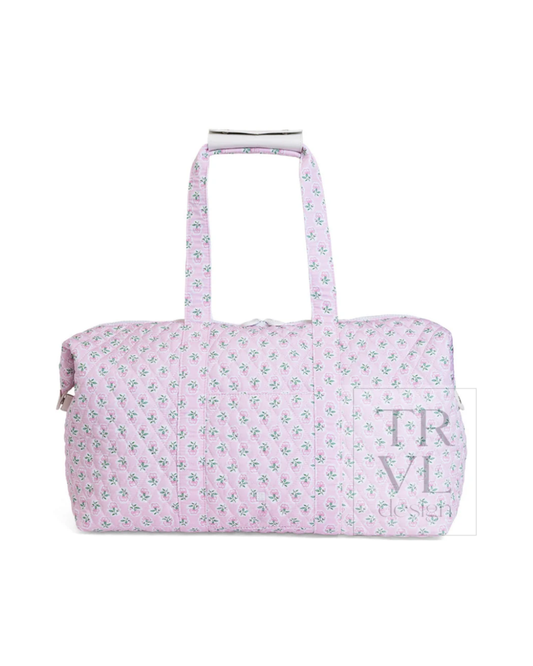 TRVL Quilted Top Zip Weekender in Petite Fleur Pink, floral travel bag
