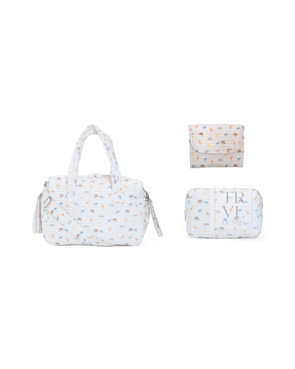 TRVL Quilted Stroller Bag Bundle in Safari print, coordinated baby set