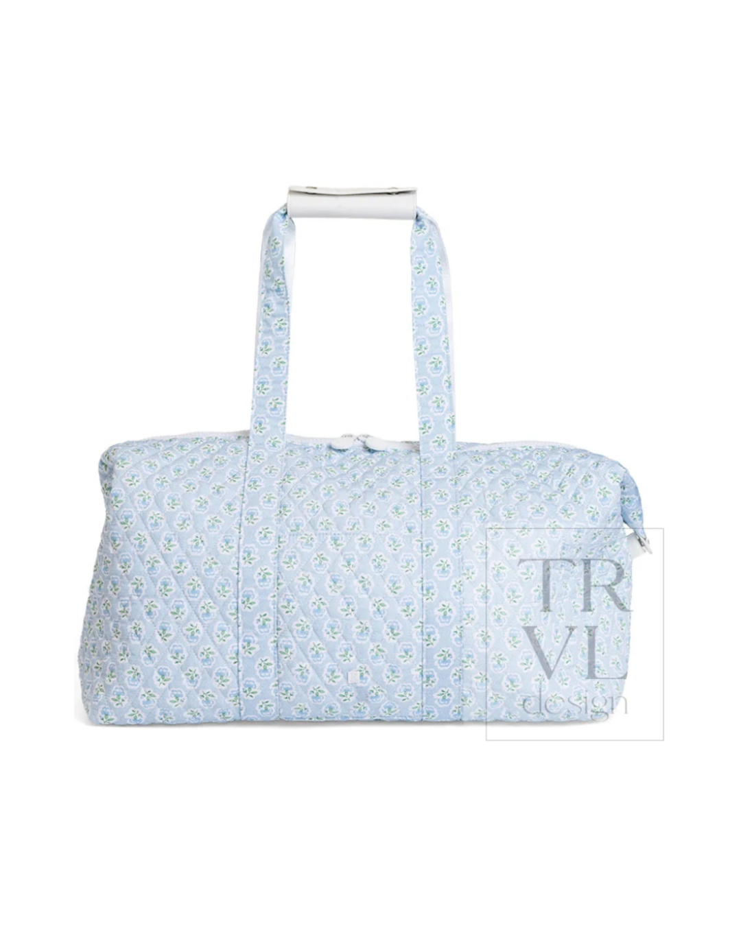 TRVL Quilted Top Zip Weekender in Petite Fleur Blue, floral travel bag