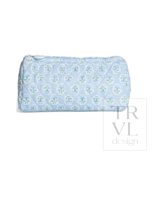 TRVL Quilted Pochette Bag in Petite Fleur Blue, slim floral zip pouch