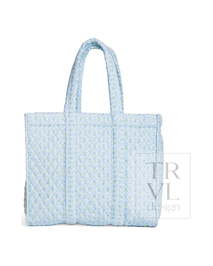 TRVL Quilted Go Go Tote in Petite Fleur Blue, roomy floral quilted tote