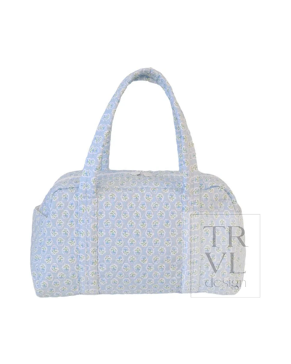 TRVL Quilted Grande Duffel in Petite Fleur Blue, floral weekend bag