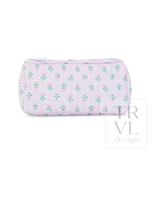 TRVL Quilted Pochette Bag in Petite Fleur Pink, slim floral zip pouch