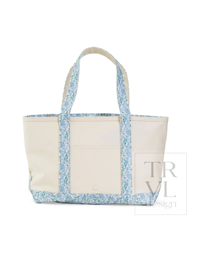 TRVL Medium Tote in natural canvas with Hamptons Floral trim