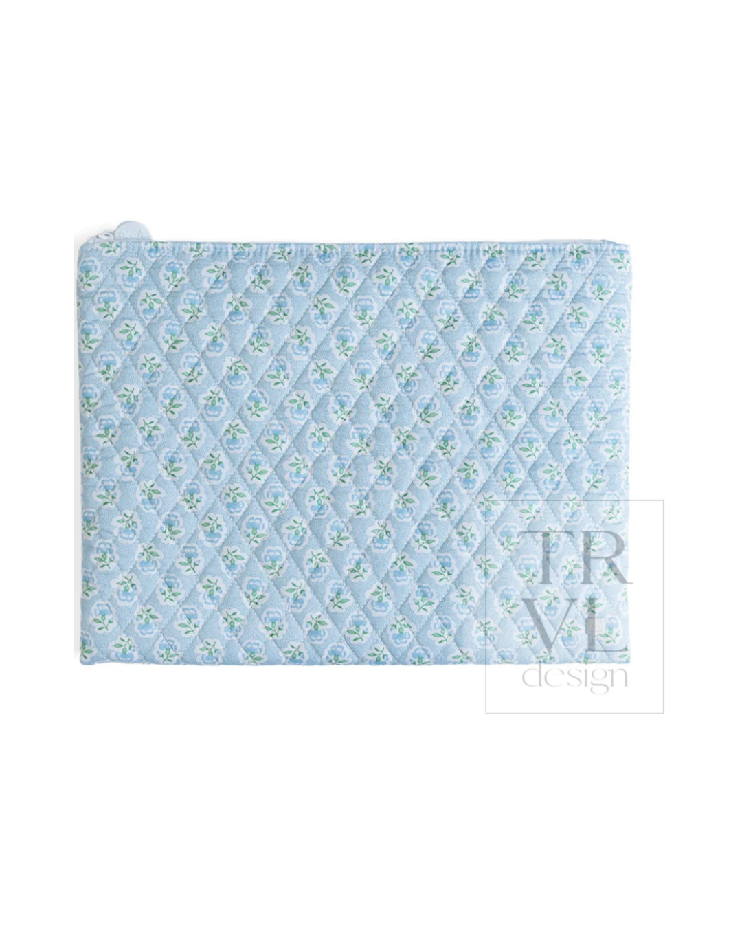 TRVL Quilted laptop sleeve and needlepoint project bag in Petite Fleur Blue