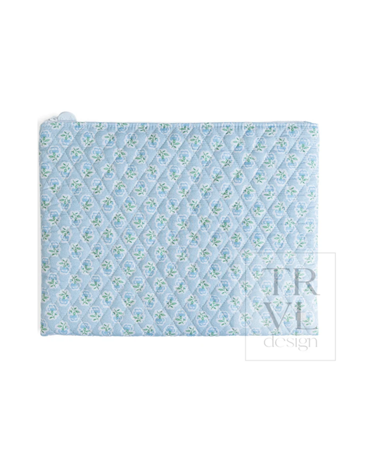 TRVL Quilted laptop sleeve and needlepoint project bag in Petite Fleur Blue