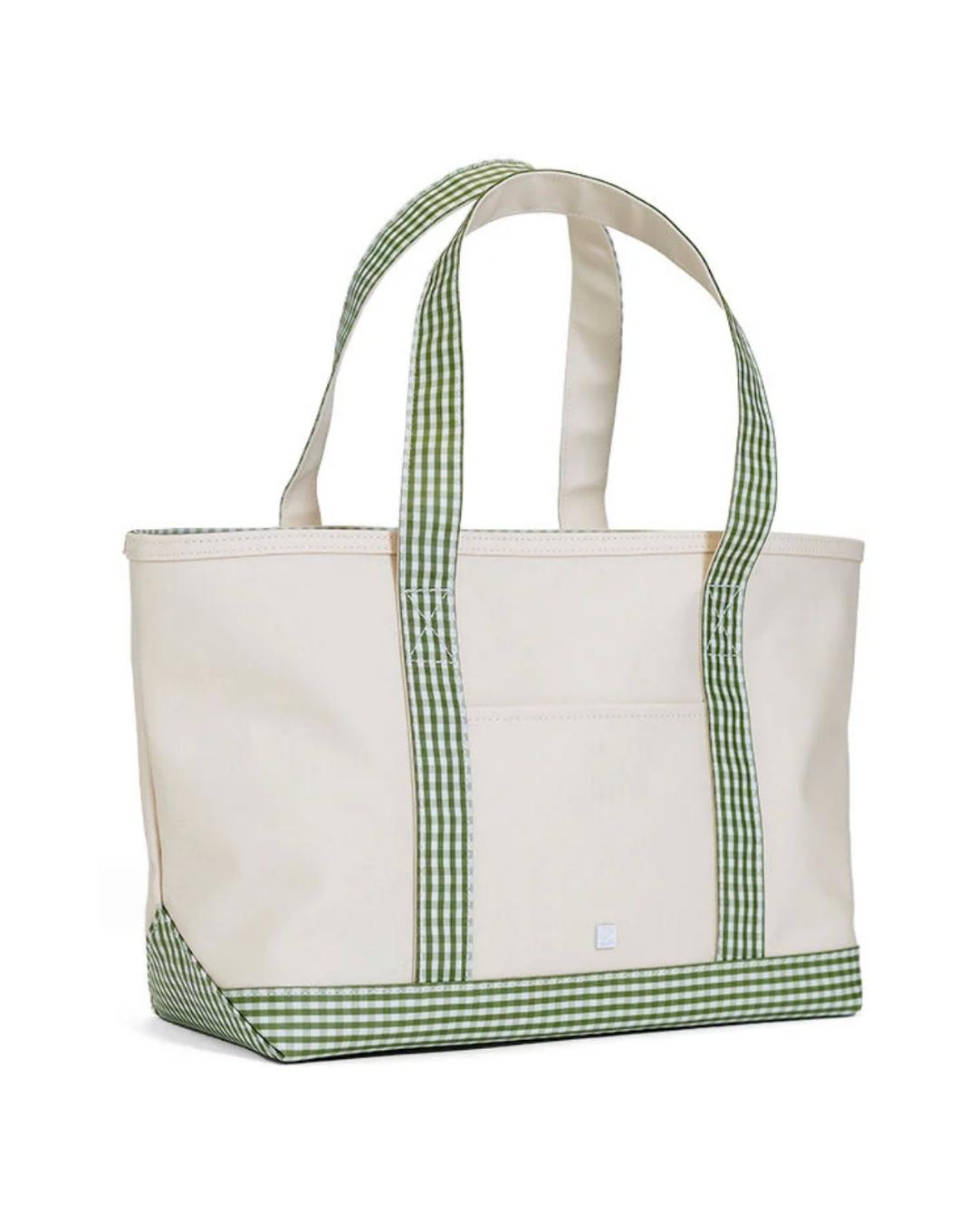 TRVL Medium Tote - Coated Canvas with Gingham Moss Trim
