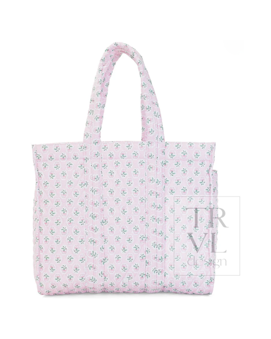 TRVL Quilted Go Go Tote in Petite Fleur Pink, roomy floral quilted tote