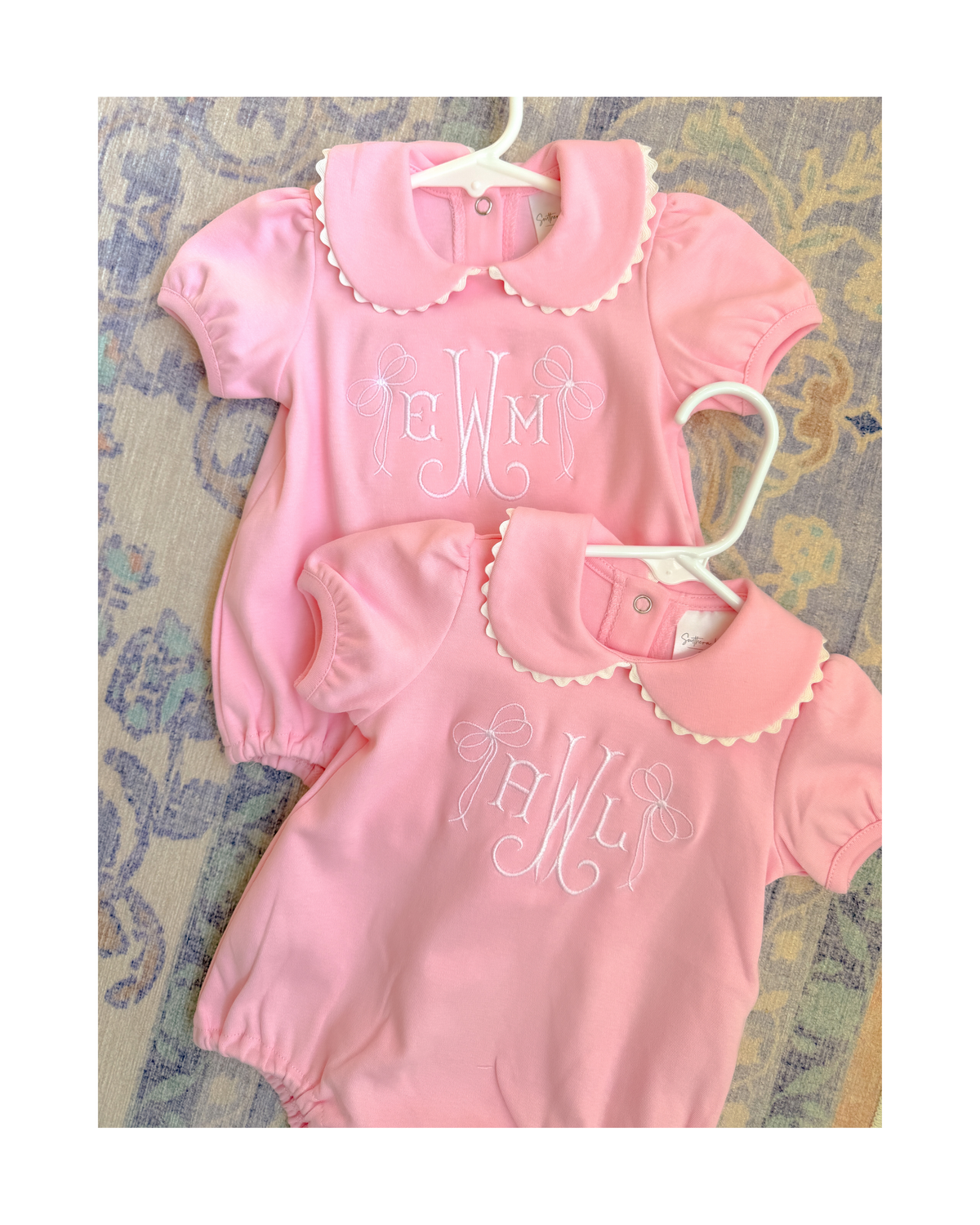 Baby girl bubble romper with scalloped collar, ricrac trim, and puff sleeves