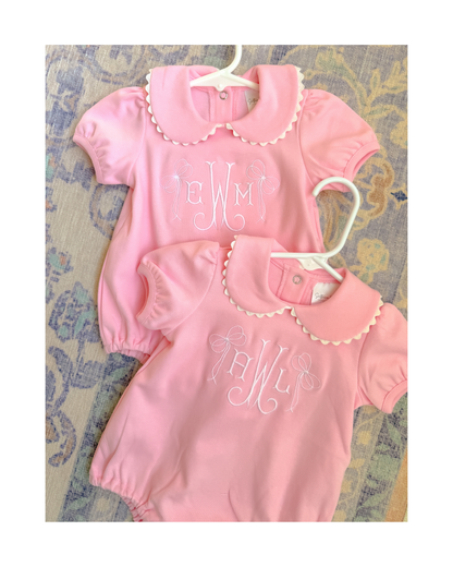 Baby girl bubble romper with scalloped collar, ricrac trim, and puff sleeves