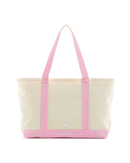 TRVL Medium Tote - Coated Canvas Natural with Gingham Pink Trim