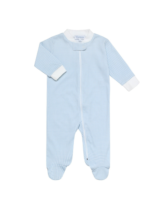 Blue Gingham Zipper Footie