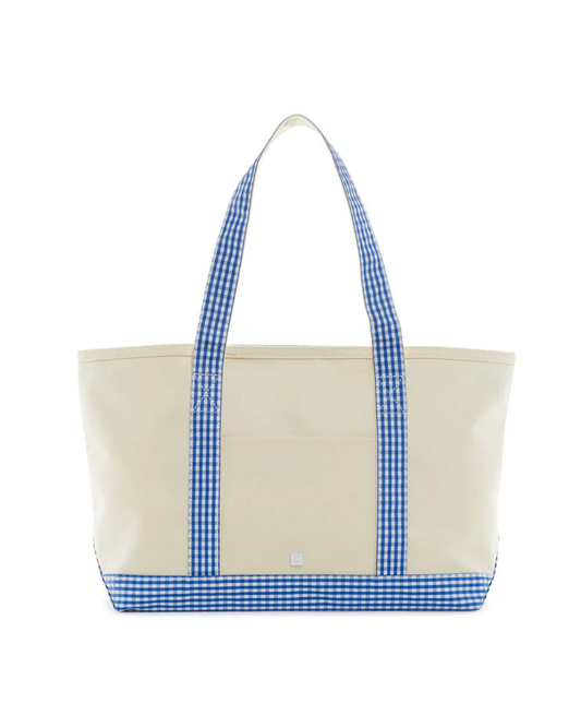 TRVL Medium Tote - Coated Canvas Natural with Gingham Royal Trim