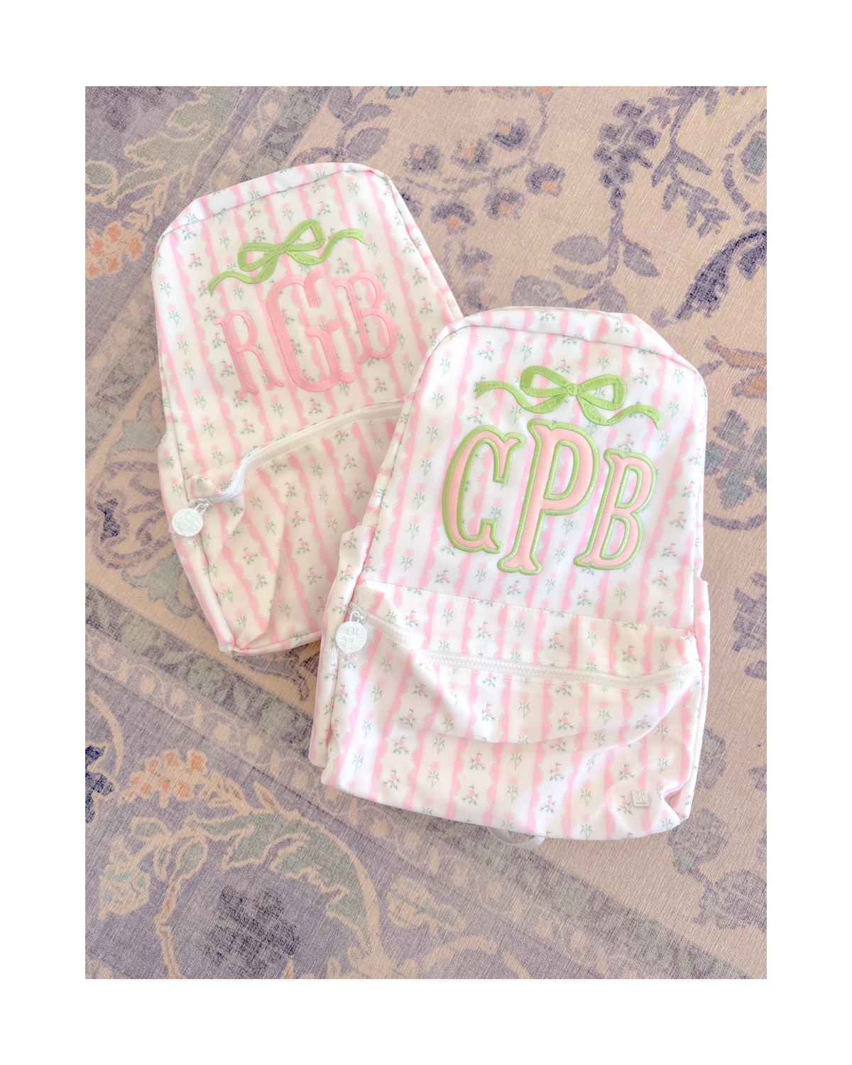 TRVL Backpacker kids backpack in Ribbon Floral Pink, sweet pink floral print, monogram-ready