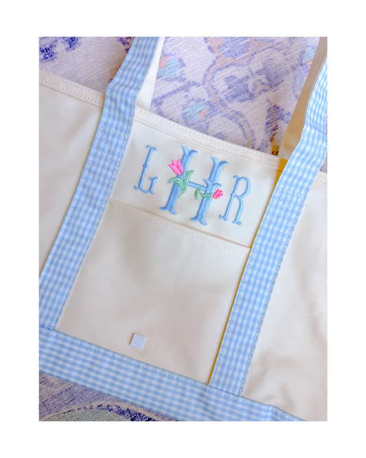 TRVL Medium Tote - Coated Canvas Natural with Gingham Mist Trim