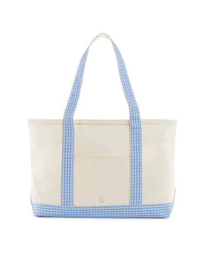 TRVL Medium Tote - Coated Canvas Natural with Gingham Sky Trim