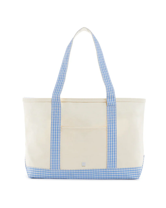 TRVL Medium Tote - Coated Canvas Natural with Gingham Sky Trim