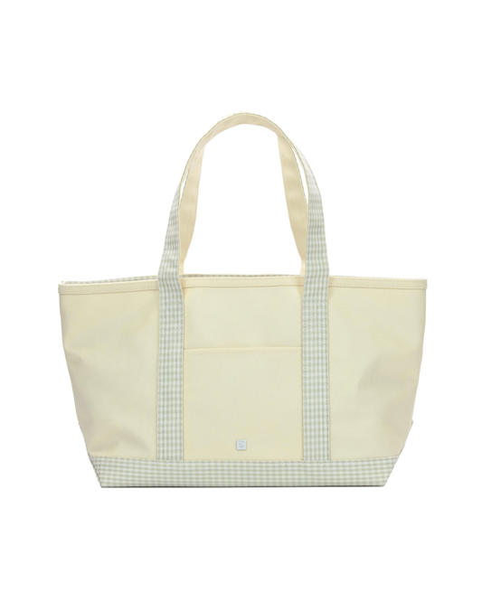TRVL Medium Tote - Coated Canvas Natural with Gingham Pearl Grey Trim