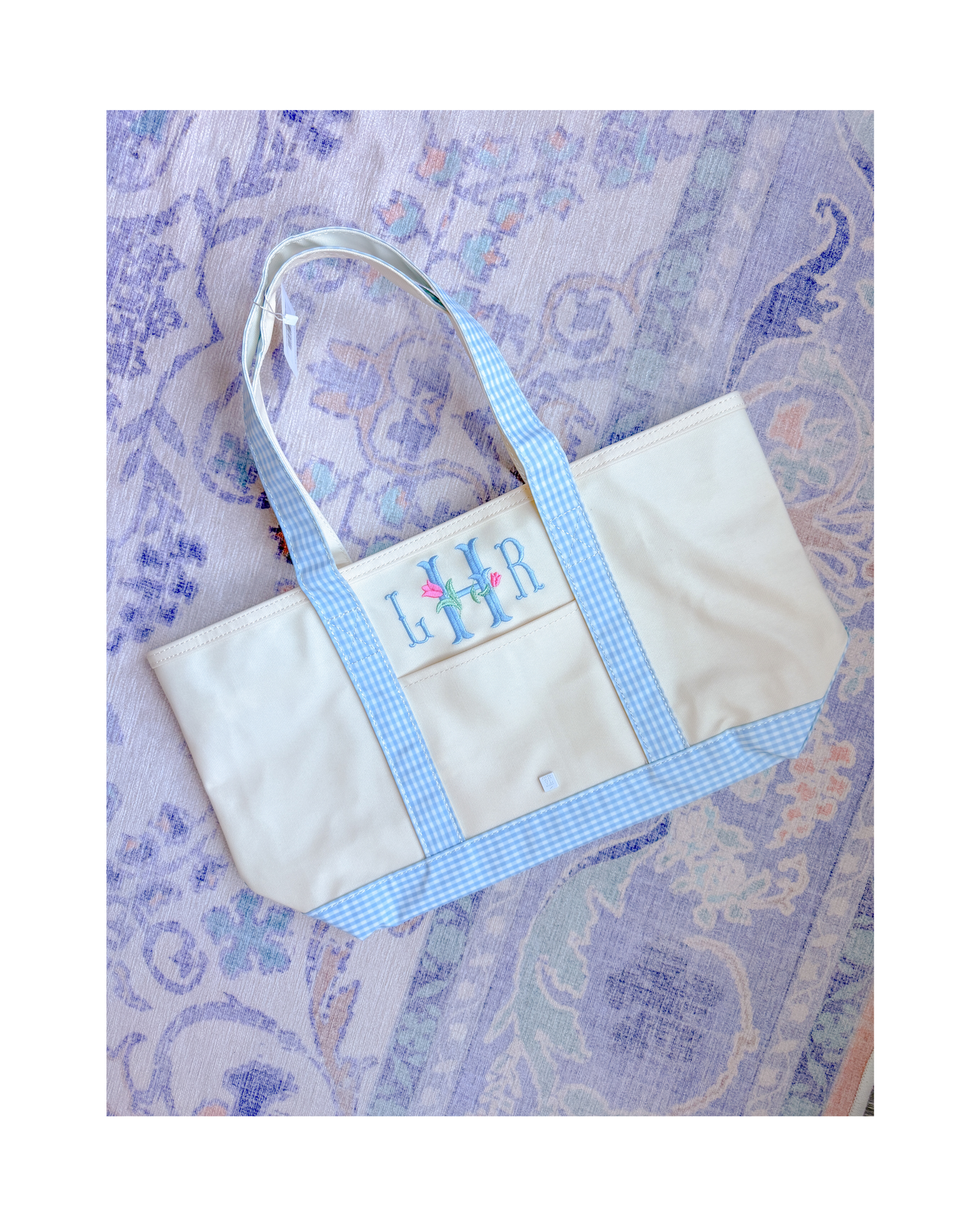 TRVL Medium Tote - Coated Canvas Natural with Gingham Mist Trim