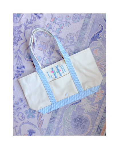 TRVL Medium Tote - Coated Canvas Natural with Gingham Mist Trim