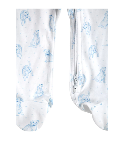 Blue Puppy Love Print Zipper Footie