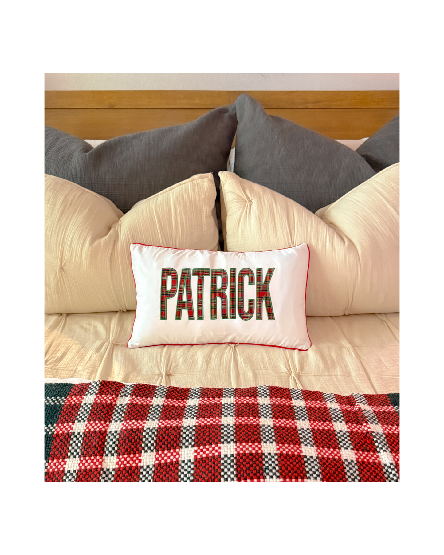Plaid Christmas pillow with appliqué lettering