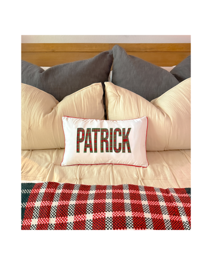 Plaid Christmas pillow with appliqué lettering