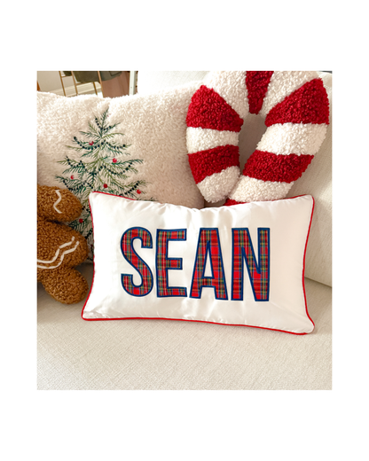 personalized Christmas pillow with appliqué name