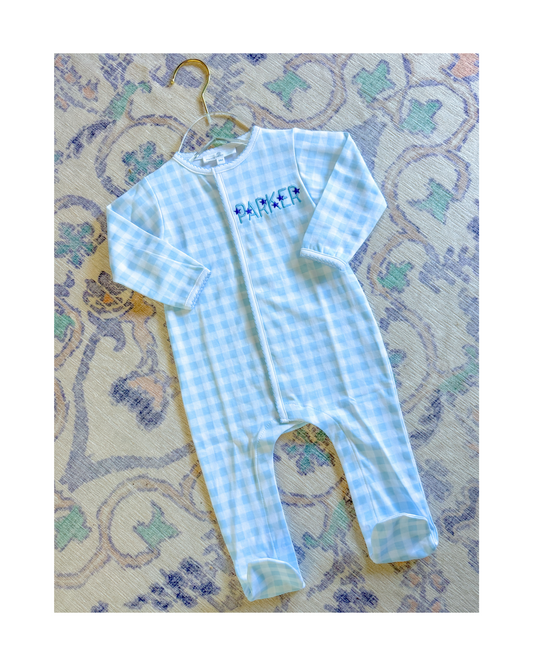 Magnolia Baby Zipper Footie - Light Blue Check