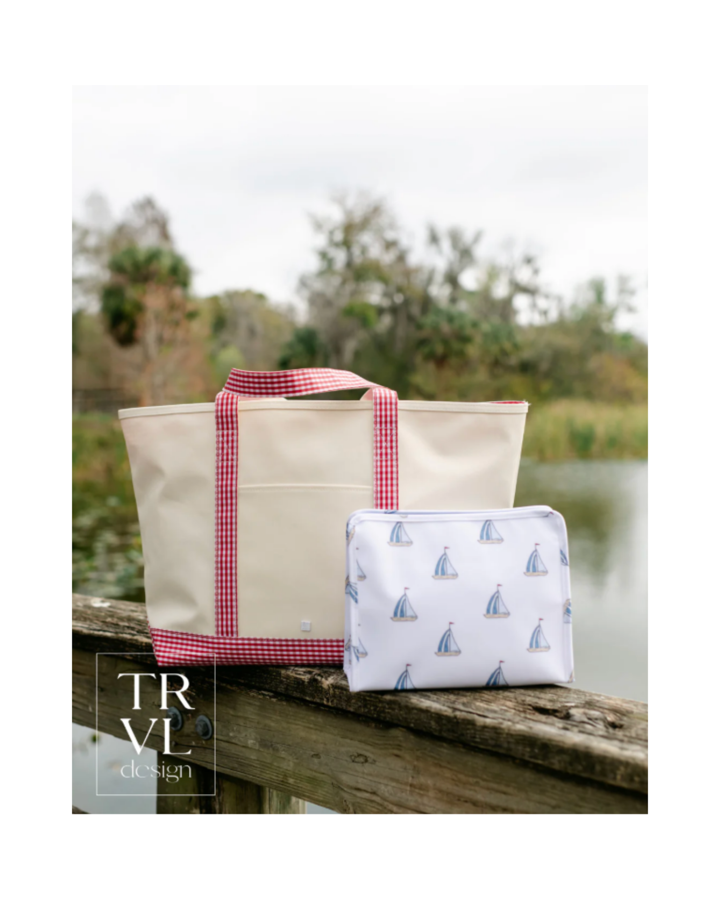 TRVL Mini Tote - Coated Canvas with Gingham Red Trim