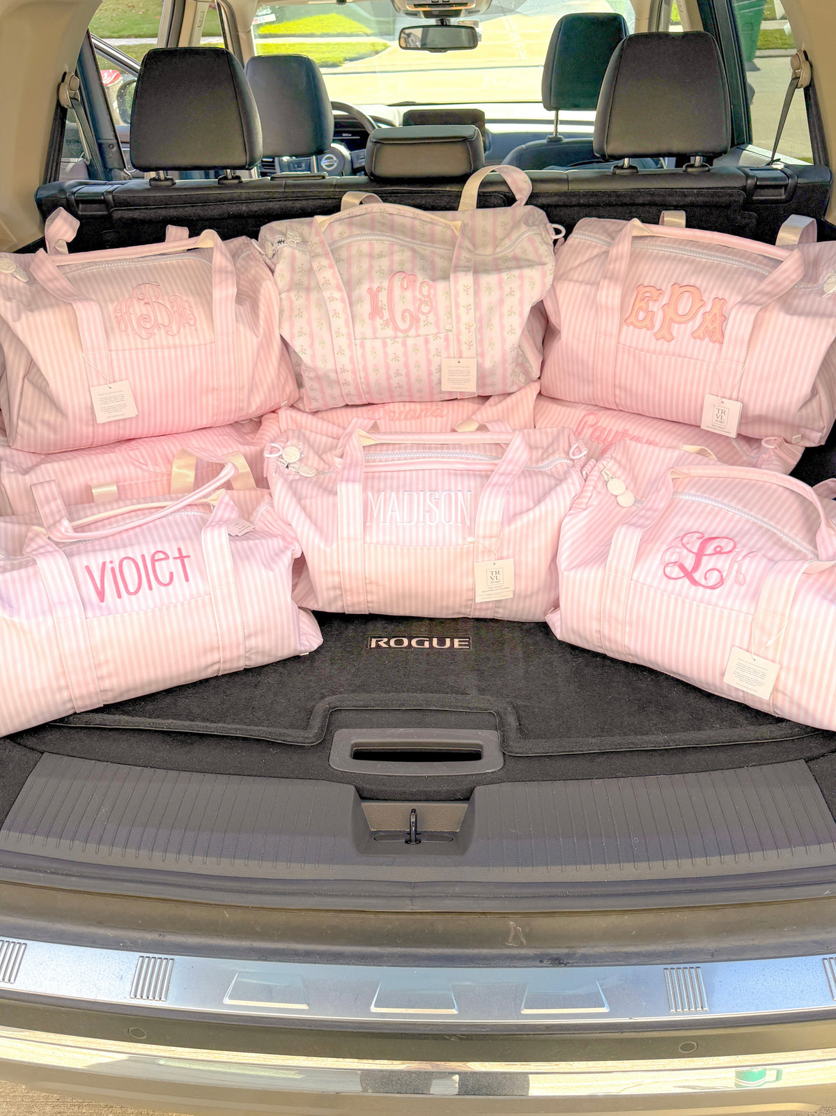 Monogrammed TRVL Weekender Duffel Bags in Pimlico Stripe Pink