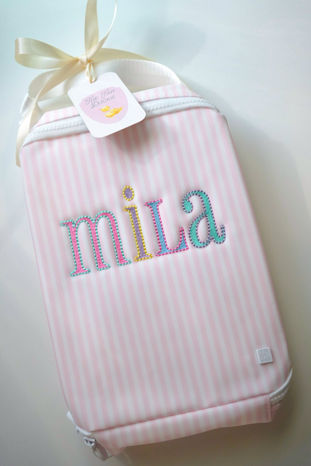 TRVL insulated kids lunch bag in Pimlico Stripe Pink, preppy pink stripe print