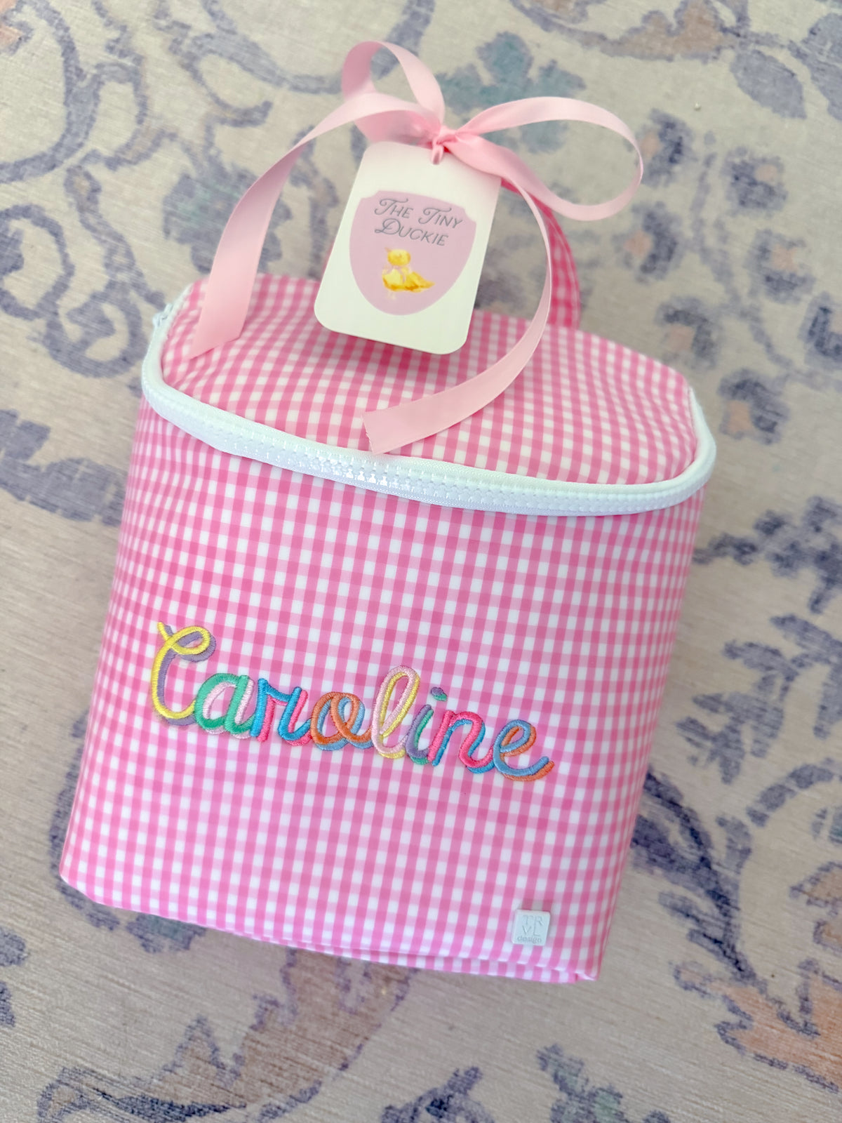 TRVL Take Away insulated lunch bag in Gingham Pink, classic pink check