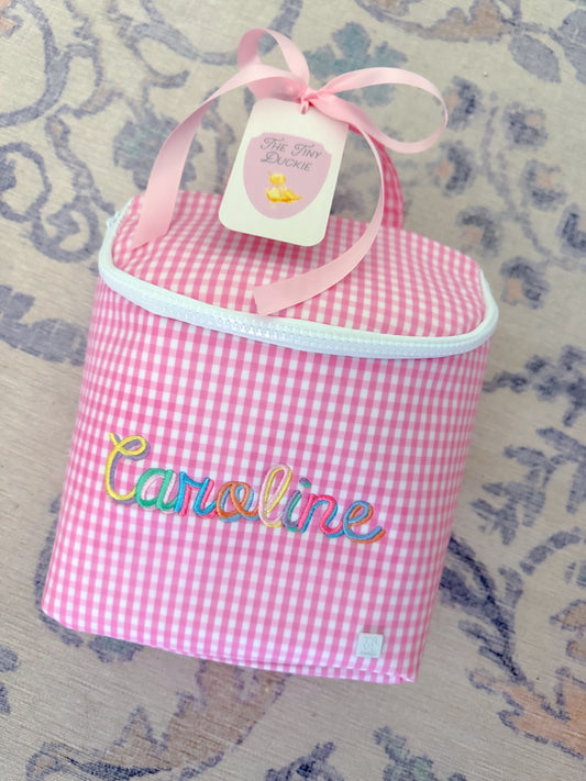 TRVL Take Away insulated lunch bag in Gingham Pink, classic pink check